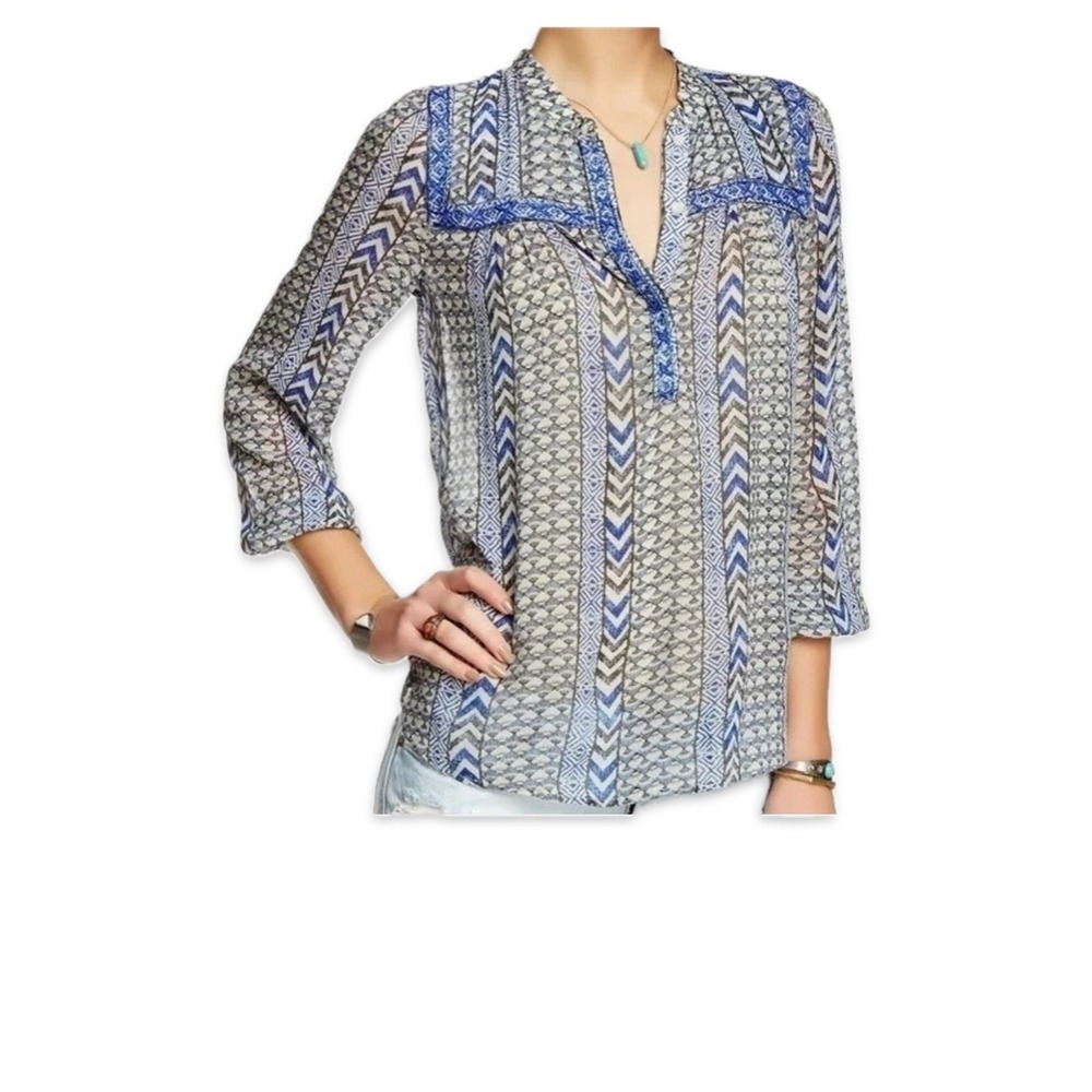 Lucky Brand Embroidered Blouse Bohemian Tunic Top Blue White Size M‎